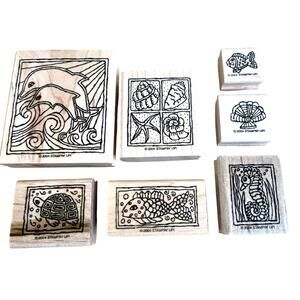 2004 Stampin’ Up! “Aquaria” Retired Wooden Rubber Stamp Set 7 Stamps